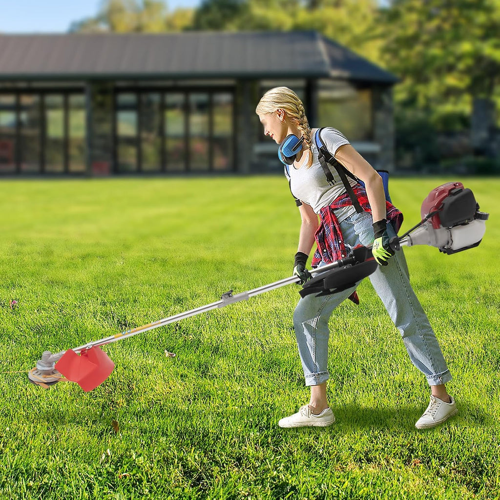 4-Stroke Weed Wacker, 35.88CC 0.75KW 8500R/Min 650ML Gas Powered Brush Cutter Garden Mower Grass Harvesting Trimmer Weeding Machine for Home Lawn Mowing, Orchard Mowing (Red)