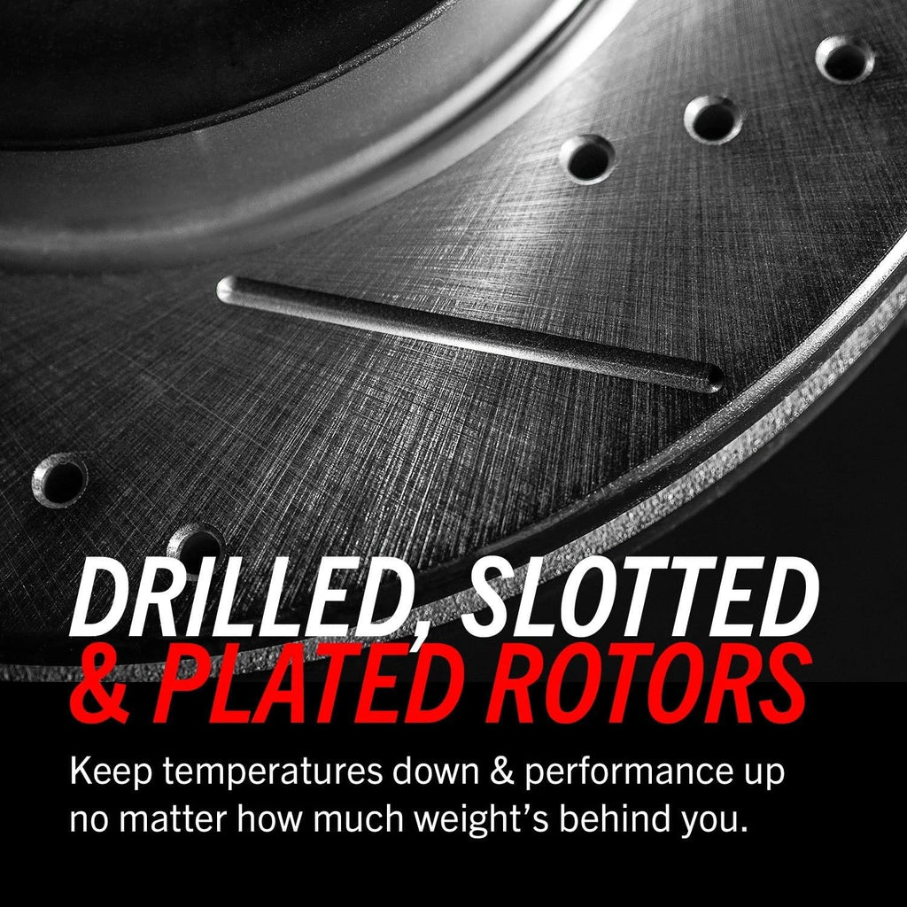 PowerStop Front Brake Kit for Cadillac Escalade 2008-20 |Escalade ESV 2008-20 |Escalade EXT 2008-13 - Carbon-Fiber Ceramic Brake Pads + Drilled & Slotted Rotors + Red Powder Coated Calipers, KC2069