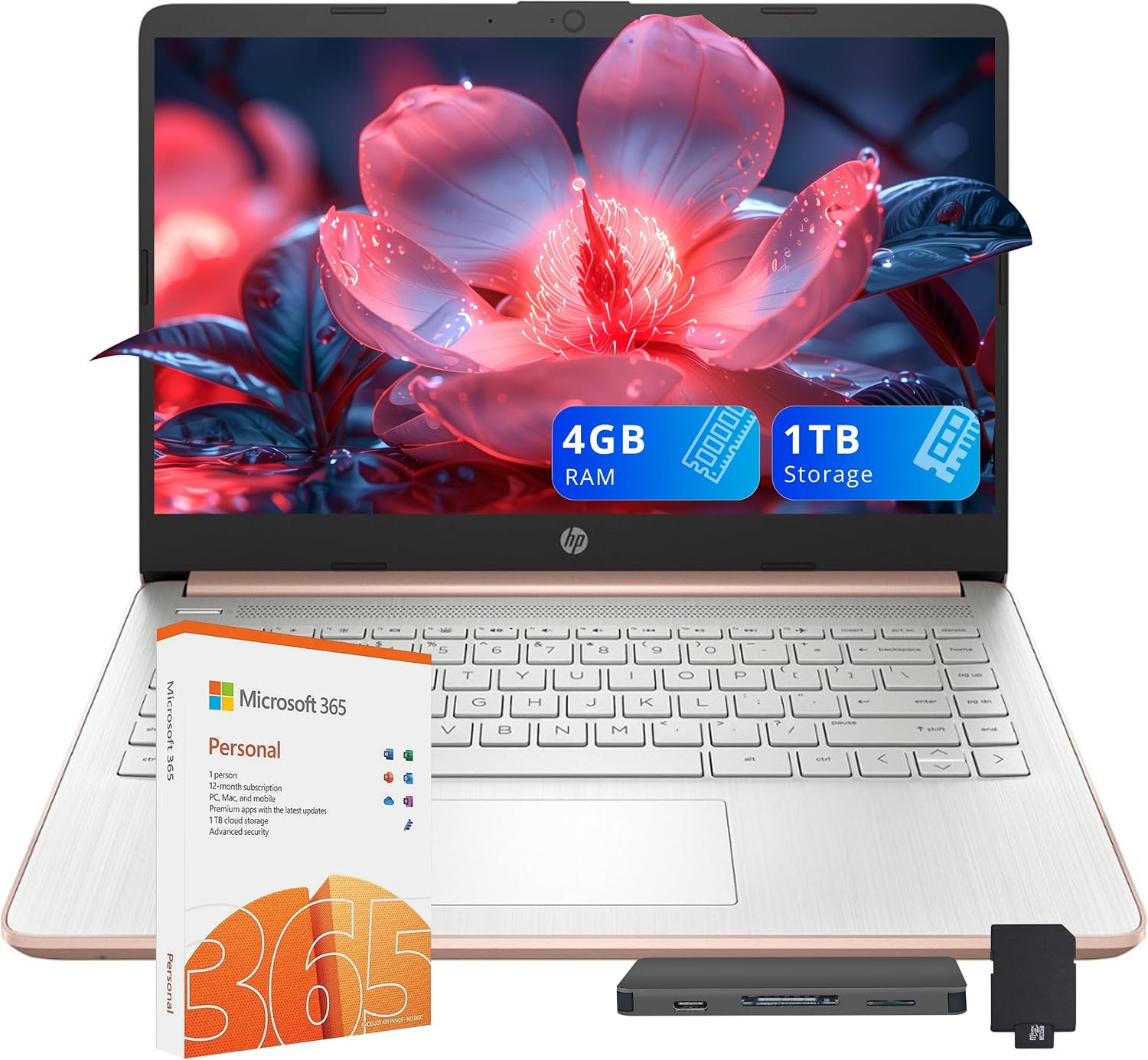 HP Stream 14' HD Business Laptop, Intel Celeron N4120, 4GB RAM, 1TB Storage (64GB eMMC + 1TB Docking Station Set), Intel UHD Graphics, 720p Camera, Wi-Fi, 1 Year Office 365, Win 11 Home, Rose Gold