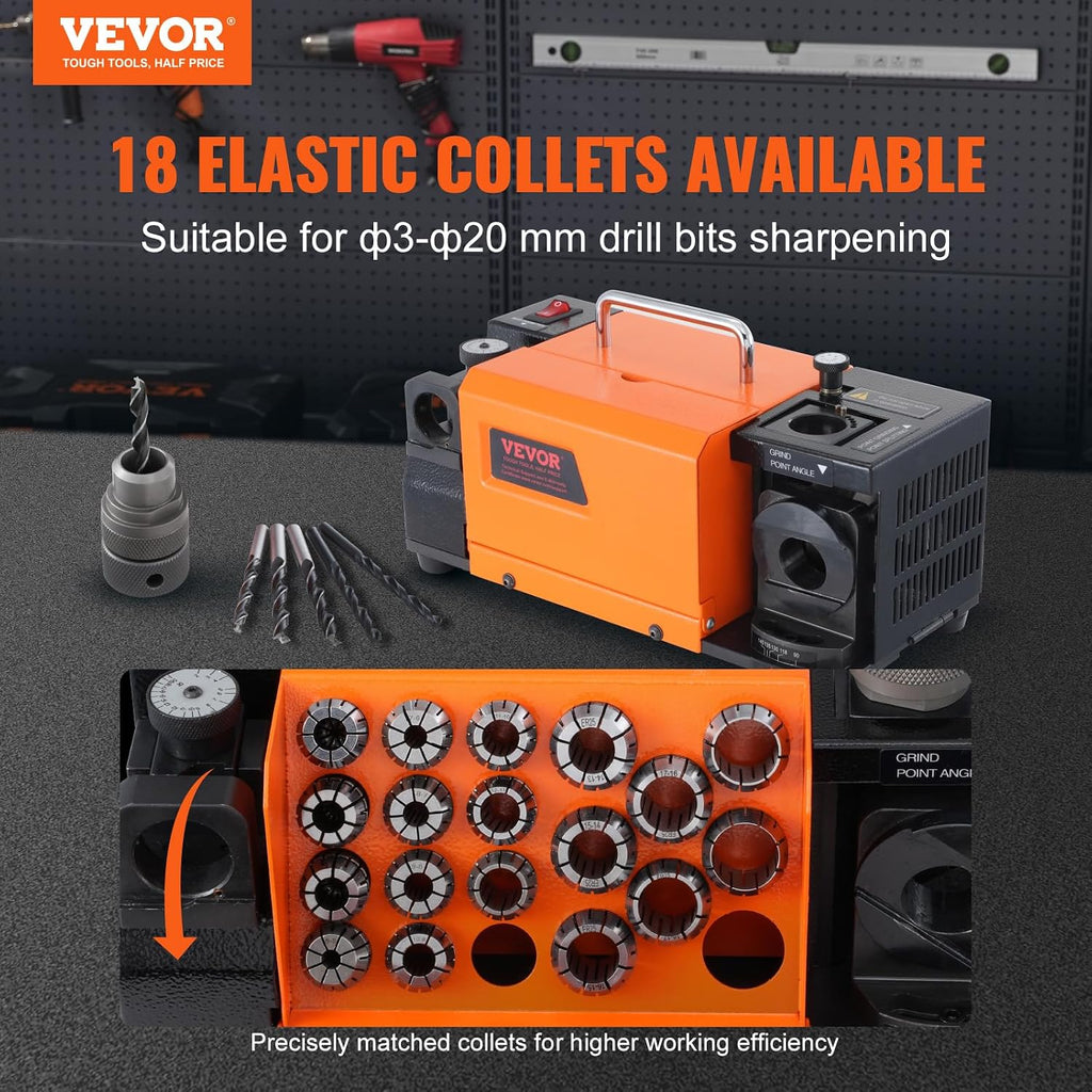 VEVOR Drill Bits Sharpener, 3-20mm Drill Bits Grinder Sharpener, Lip Relief Angle & 95°-135° Point Angle Adjustable Drill Bit Re-Sharpener, Portable Sharpening Machine with 18 Collets, CBN & SDC Wheel