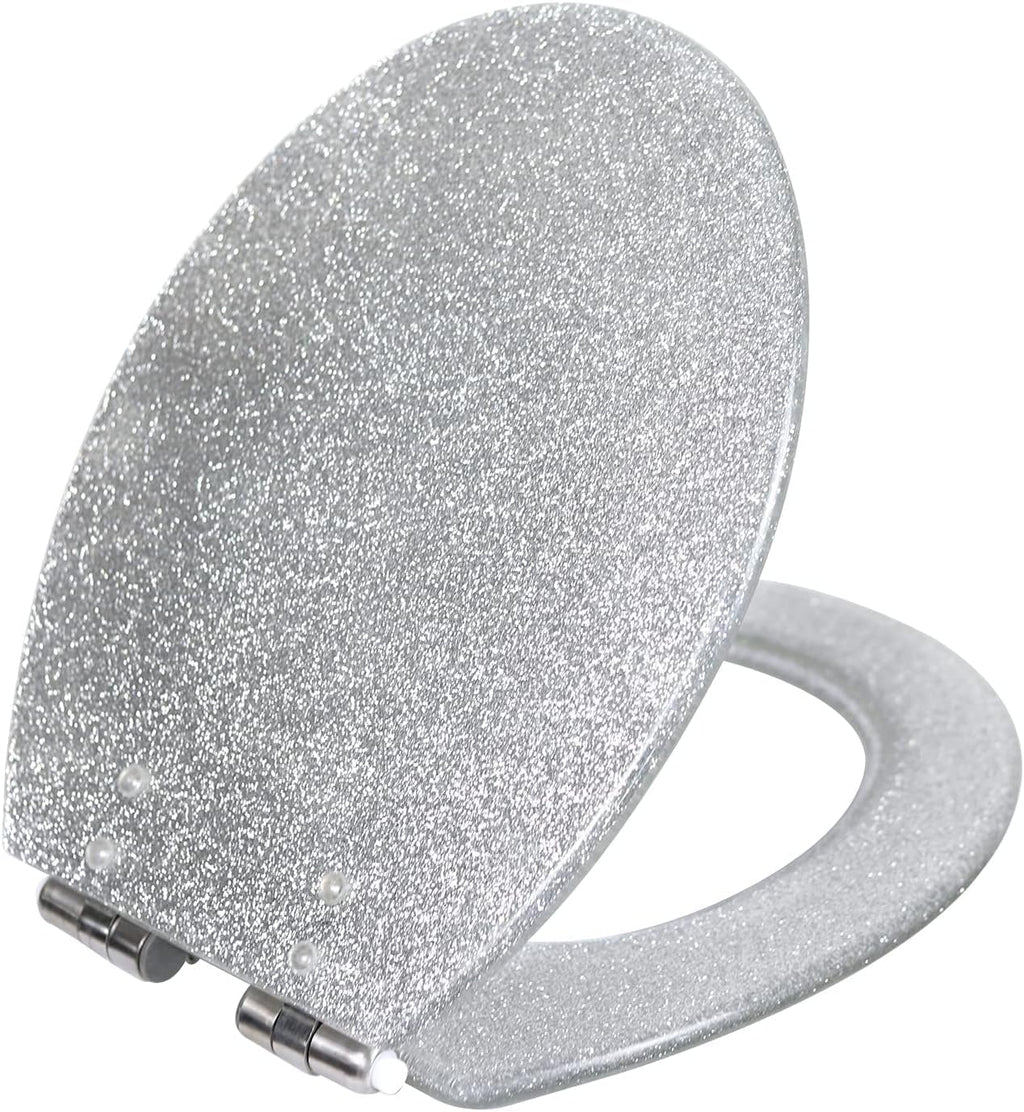 Glitter Toilet Seat ONE Button Release Soft Close Top/Bottom Fix, Quick Release Toilet Seat Oval, 36×42Cm,Gold,Silver