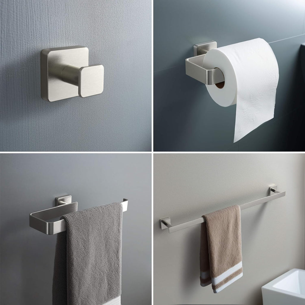 KIBI Blaze Bathroom Hardware Set 4 Piece Bathroom Accessories Set | Towel Bar (25'), Towel Holder, Toilet Paper Holders, Robe Hook (Brushed Nickel) (KBA16-4)