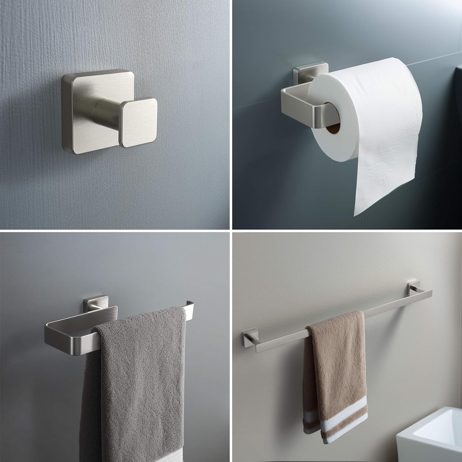 KIBI Blaze Bathroom Hardware Set 4 Piece Bathroom Accessories Set | Towel Bar (25'), Towel Holder, Toilet Paper Holders, Robe Hook (Brushed Nickel) (KBA16-4)