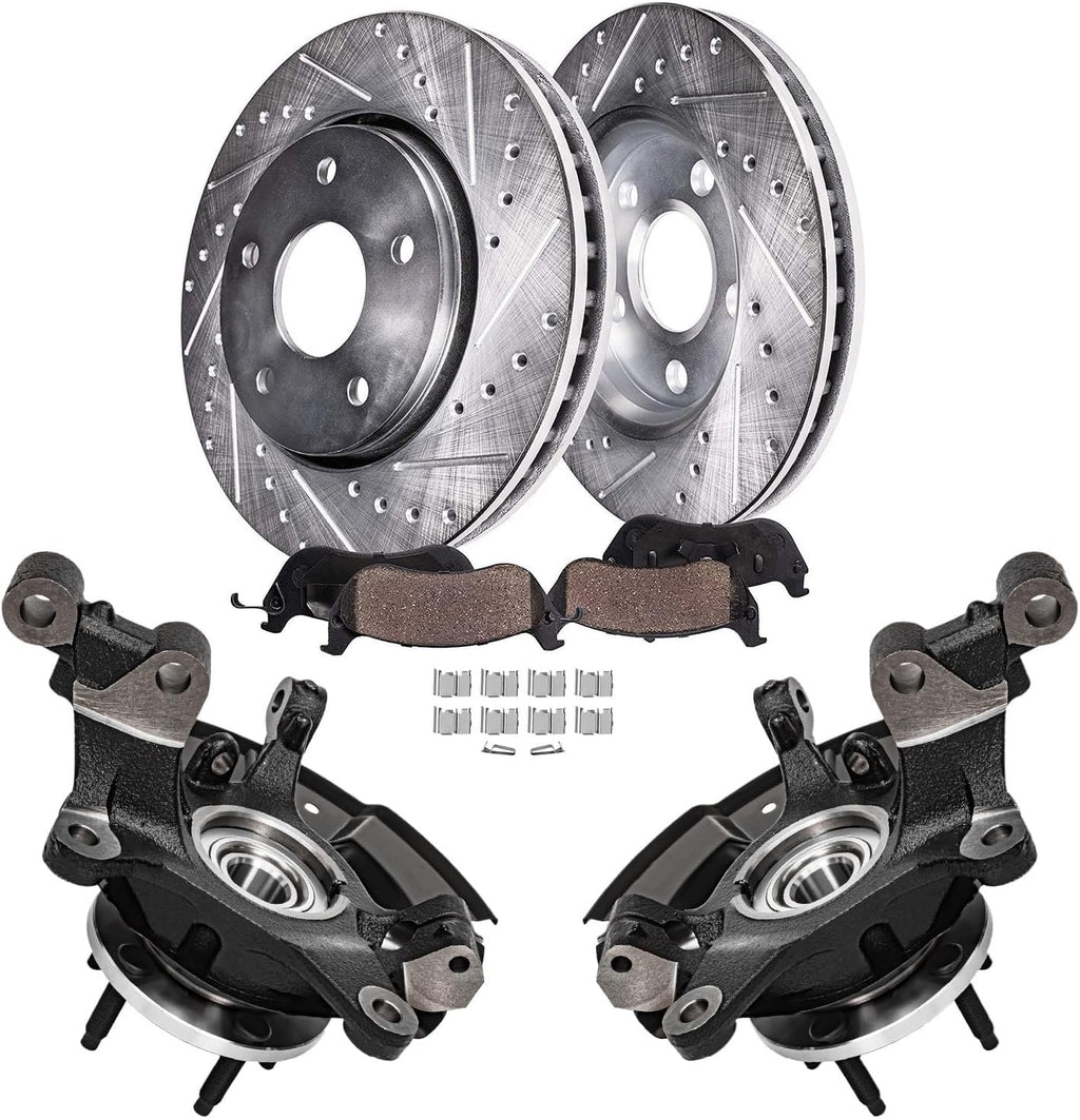 Detroit Axle - Front Steering Knuckles w/Wheel Hubs Assembly Drilled Slotted Brake Rotors Ceramic Pads Replacement for 2011-2014 Ford Edge - 6pc Set
