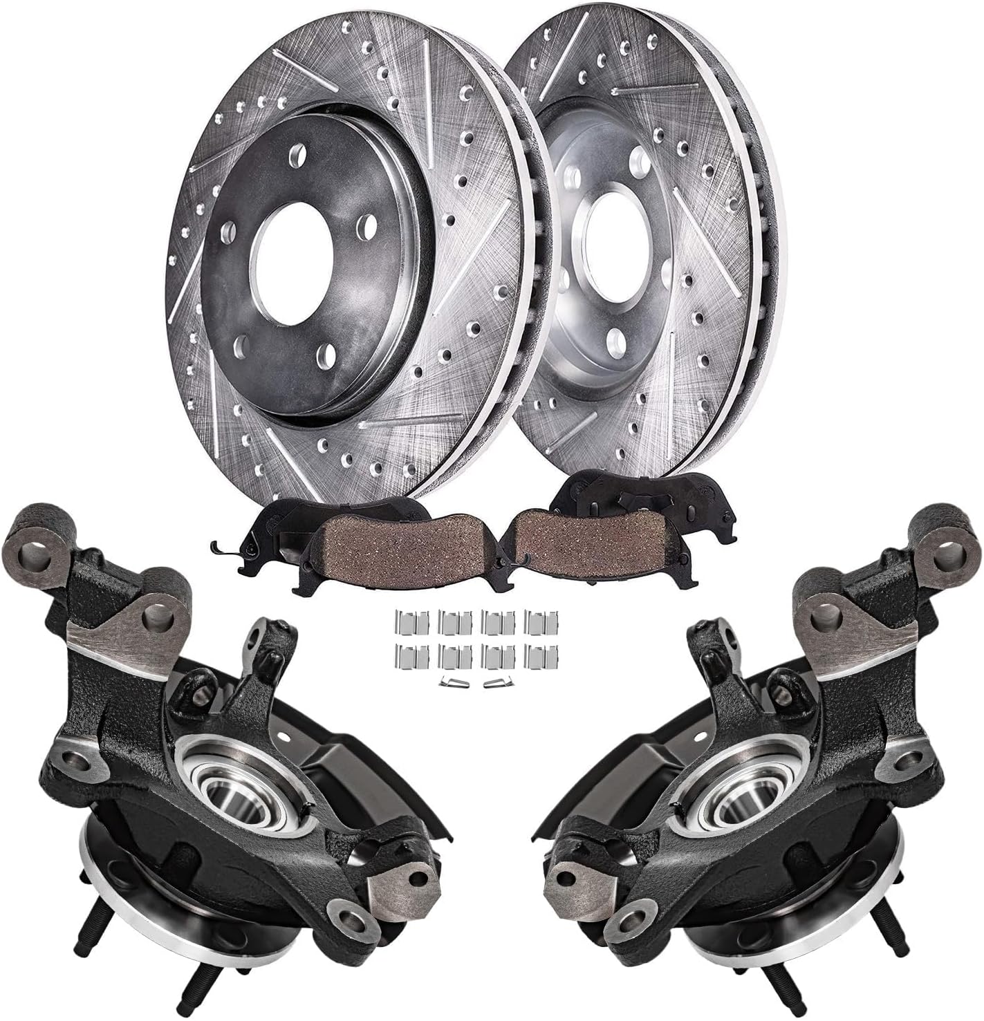Detroit Axle - Front Steering Knuckles w/Wheel Hubs Assembly Drilled Slotted Brake Rotors Ceramic Pads Replacement for 2011-2014 Ford Edge - 6pc Set