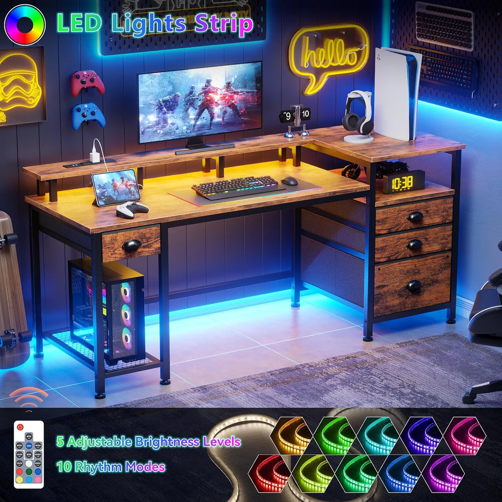 Furologee 60' Computer Desk with File Cabinet and Storage Shelves, Reversible Home Office Desk with LED Lights, Full Monitor Stand, Power Outlets, Study Gaming Table with 4 Drawers, Rustic Brown