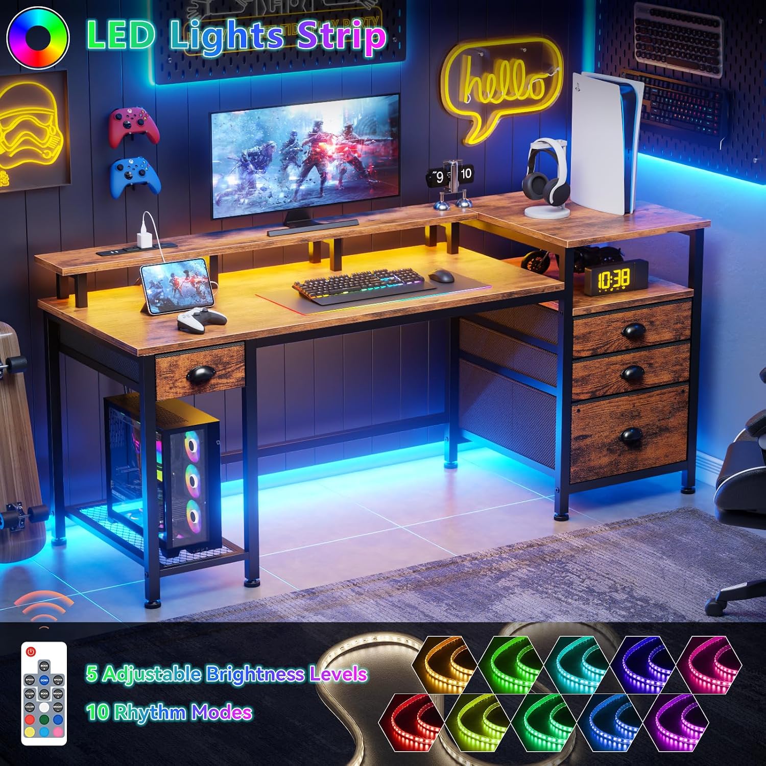 Furologee 60' Computer Desk with File Cabinet and Storage Shelves, Reversible Home Office Desk with LED Lights, Full Monitor Stand, Power Outlets, Study Gaming Table with 4 Drawers, Rustic Brown