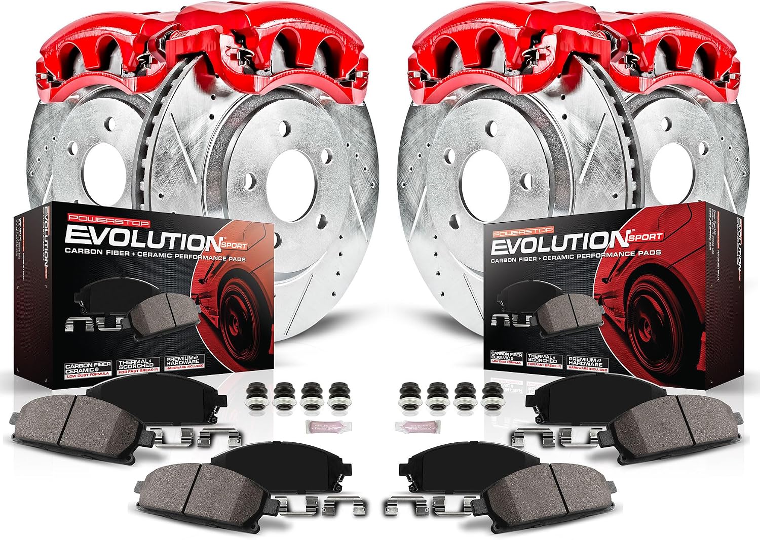 PowerStop Front and Rear Brake & Caliper Kit for Ford Mustang 1999-02 - Carbon-Fiber Ceramic Brake Pads + Drilled & Slotted Rotors + Red Powder Coated Calipers, KC1302