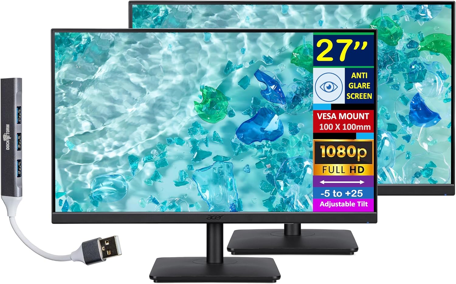 acer 27' FHD IPS Monitor with 4ms Response Time, Anti Glare, VESA Mount (100mm), HDMI, VGA & Dockztorm USB Port Expander, Black Color 2 Pack