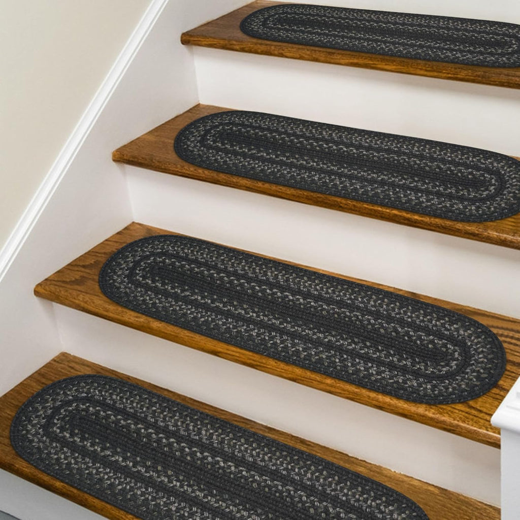 Homespice Jet Black Premium Jute Braided Stair Tread 8' x 28' (Set of 13) Oval Black, Tan Reversible, Natural Jute Yarn Rustic, Country, Primitive, Farmhouse Style - 30 Day Risk Free Purchase
