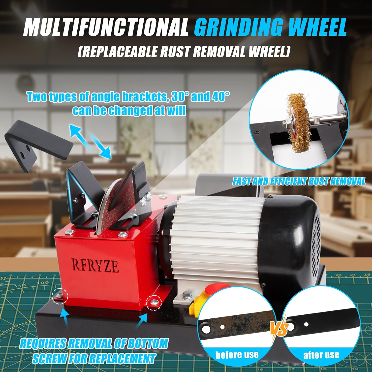 Lawnmower Blade Sharpener TD7550-550W, 3/4HP, Bench Mower Sharpening Machine with 7 inch Ceramic Grinding Wheel & 2 pcs Rust Removal Wheel | 16 pcs Sandpaper