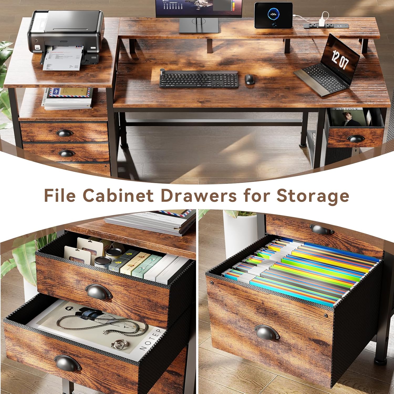 Furologee 60' Computer Desk with File Cabinet and Storage Shelves, Reversible Home Office Desk with LED Lights, Full Monitor Stand, Power Outlets, Study Gaming Table with 4 Drawers, Rustic Brown