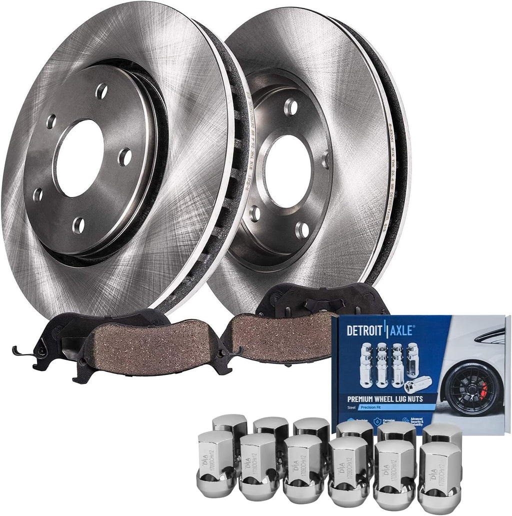 Detroit Axle - Front Disc Brake Rotors + Ceramic Brake Pads w/12pc Wheel Lug Nuts Replacement for 2012-2018 Ram 1500 5-Lugs - 6pc Set