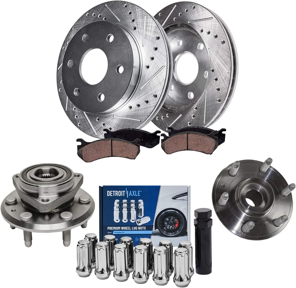 Detroit Axle - Rear Drilled & Slotted Rotors Brake Pads Wheel Hubs +12pc Lug Nuts w/key Replacement for Enclave Acadia Traverse Outlook - 8pc Set