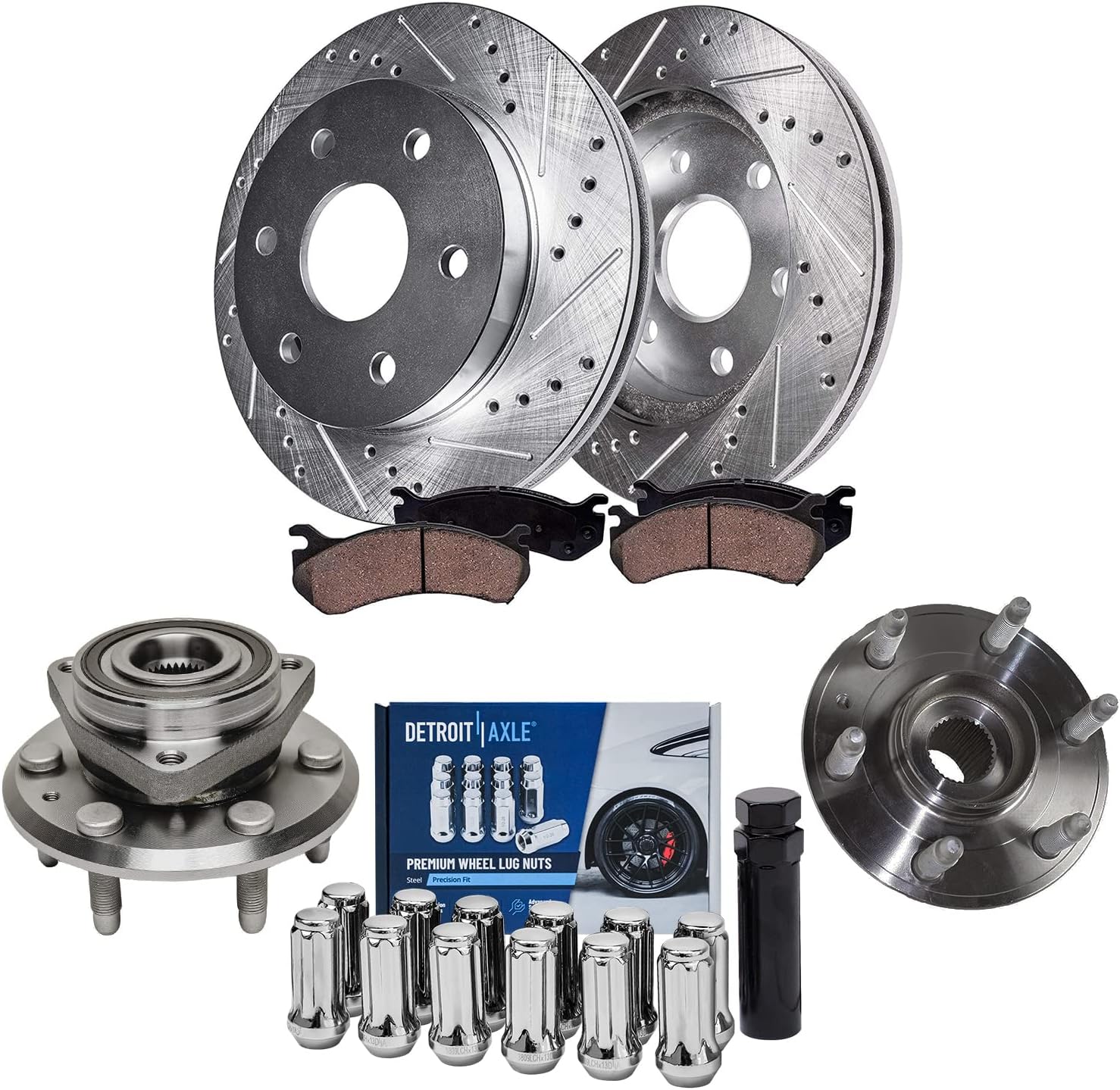 Detroit Axle - Rear Drilled & Slotted Rotors Brake Pads Wheel Hubs +12pc Lug Nuts w/key Replacement for Enclave Acadia Traverse Outlook - 8pc Set