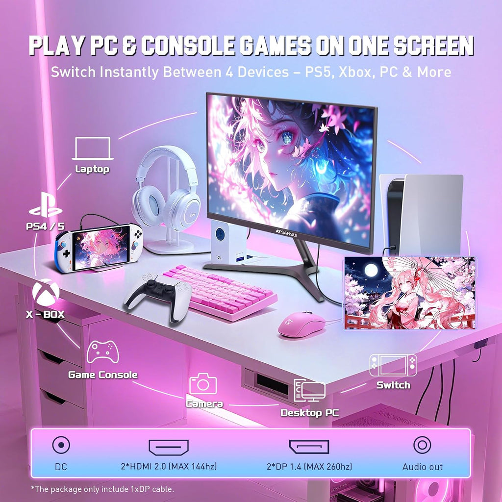 SANSUI Gaming Monitor 27' 1440p 260hz/240hz WQHD 2K - Fast IPS 1ms FreeSync Premium 丨DCI-P3 98% 丨sRGB130% 丨HDR10 丨2×DisplayPort 1.4丨2×HDMI2.0 PC Gaming Monitor with Crosshair