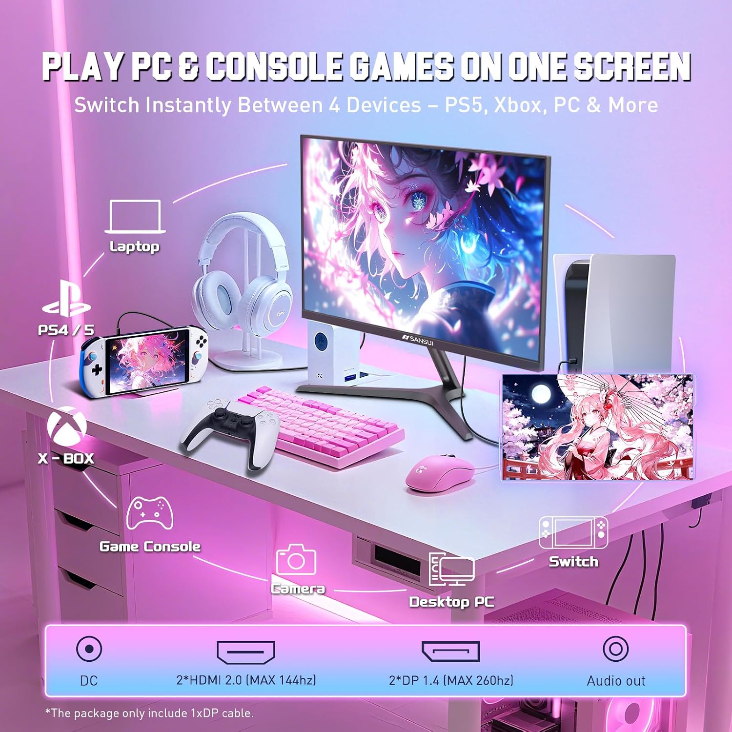 SANSUI Gaming Monitor 27' 1440p 260hz/240hz WQHD 2K - Fast IPS 1ms FreeSync Premium 丨DCI-P3 98% 丨sRGB130% 丨HDR10 丨2×DisplayPort 1.4丨2×HDMI2.0 PC Gaming Monitor with Crosshair