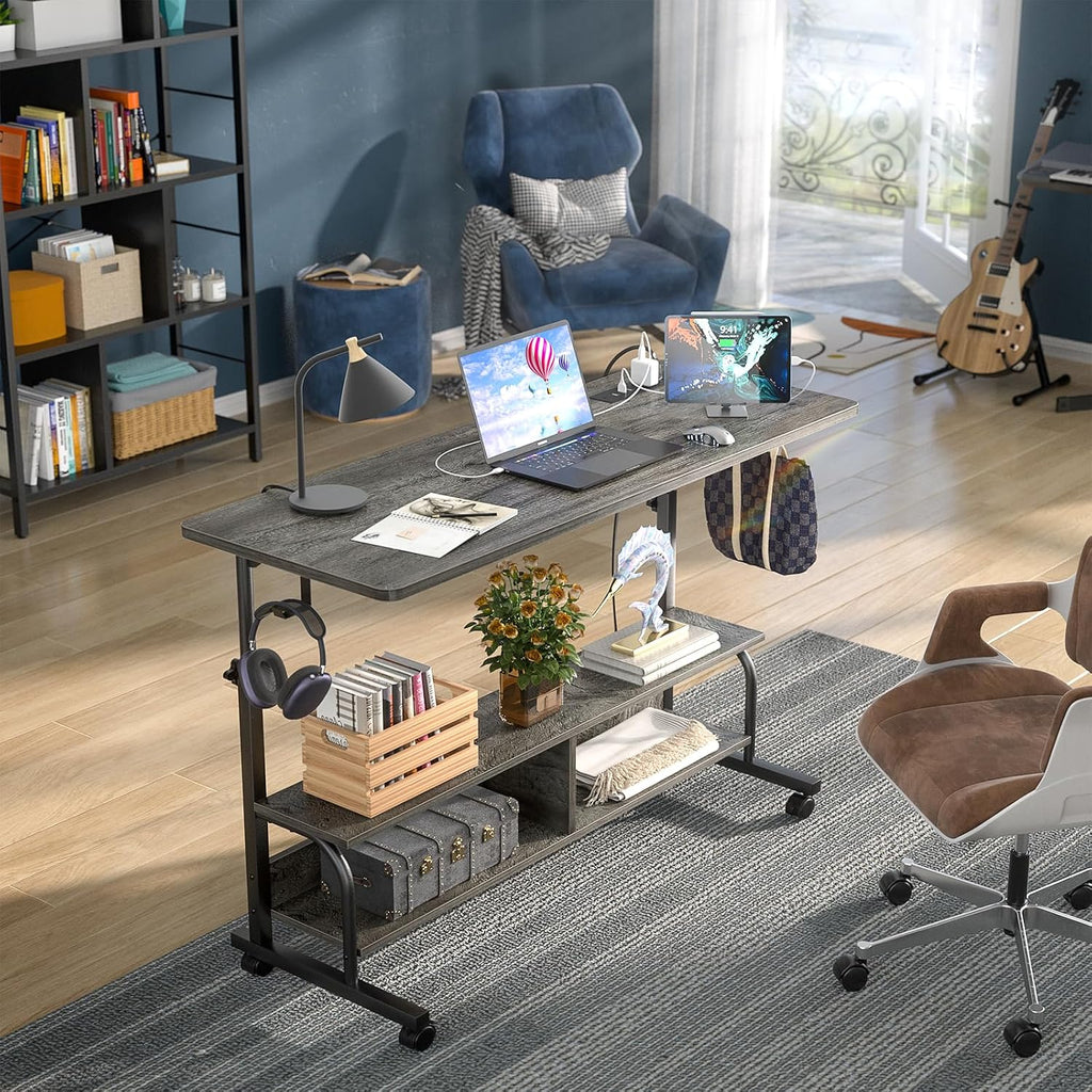 Armocity Rolling Standing Desk with Power Outlets, 47' Manual Height Adjustable Mobile Computer Desk with Wheels, Portable Sit Stand Laptop Couch Table for Bed & Sofa Home Office, Grey Oak