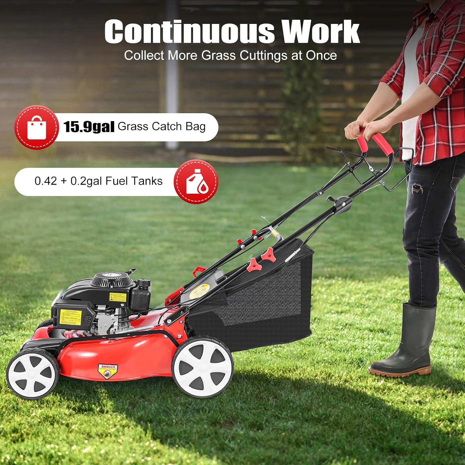 Self Propelled Gas Lawn Mower, 140CC 4-Stroke Walk Behind Push Lawn Mower w/Bag, 20in Single Cylinder Gasoline Engine Mower 3-in-1 Mulching Bagging Side Discharge, 8-Position Height Adjustment