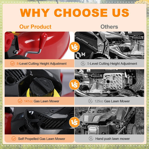 141cc 4-Stroke Self Propelled Gas Lawn Mower, Cordless Gas Engine Lawn Mower with 20 Inches Blade Walk-Behind Lawn Mover Cordless Push Lawn Mowers Tractors with 50L Grass Tank Big Wheels 2850RPM Red