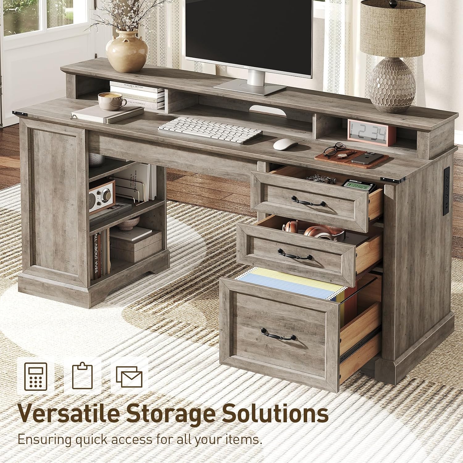 RALGEND 55'' Farmhouse Executive Desk with Drawers, Home Office Desk with File Cabinet and Storage Shelf, Charging Station, Computer Desk with Monitor Stand, Writing Gaming Desk, Greige