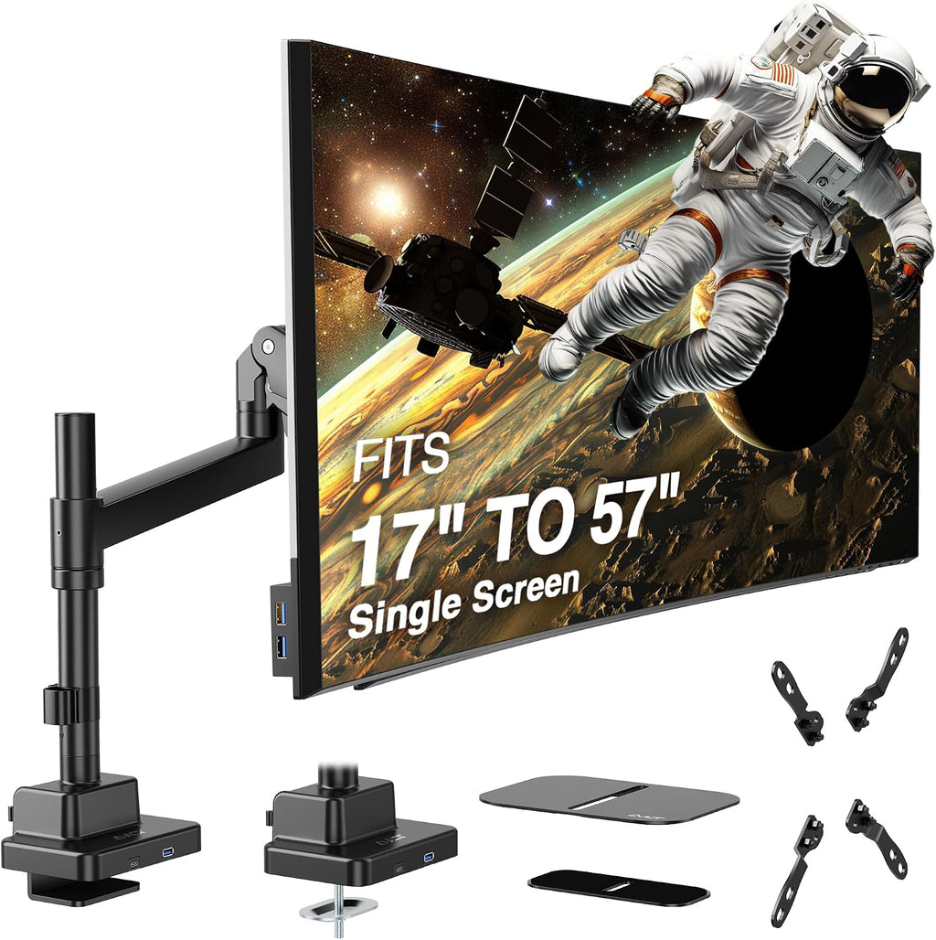 AVLT Single 57 Inch Heavy Duty Monitor Arm Pole Top Mount with USB-C/A Ports-Black, Height Adjustable, Easy Install Top C-Clamp/Grommet with Reinforcement Plates, VESA Compatible 200/100/75