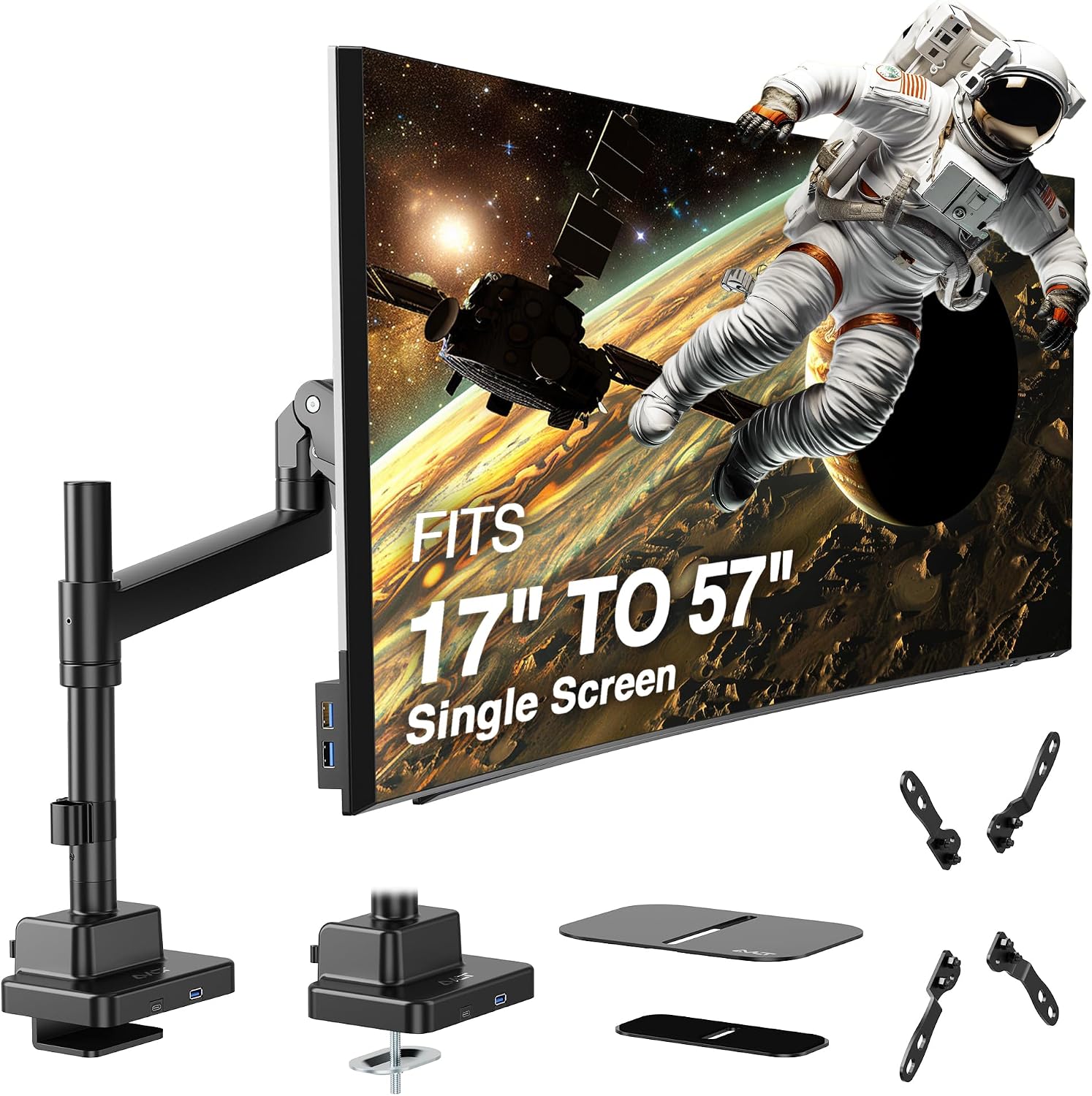 AVLT Single 57 Inch Heavy Duty Monitor Arm Pole Top Mount with USB-C/A Ports-Black, Height Adjustable, Easy Install Top C-Clamp/Grommet with Reinforcement Plates, VESA Compatible 200/100/75