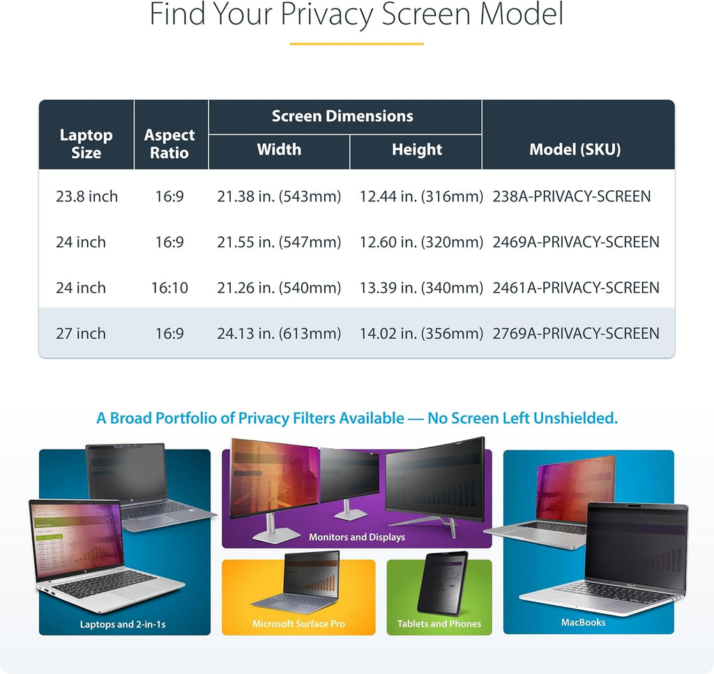 StarTech.com 27-inch 16:9 Computer Monitor Privacy Screen, Hanging Acrylic Filter, Monitor Screen Protector, +/- 30 Deg., TAA