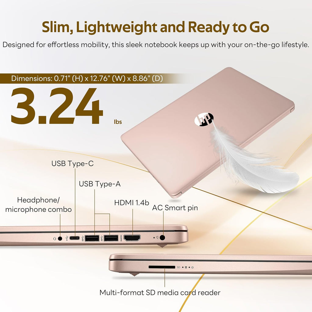 HP Flagship 14' HD Student&Business Laptop with AI Copilot, 13th Gen Intel 4-Core, 16GB RAM, 256GB Storage (128GB UFS + 128GB Docking Station), 1 Year Office 365, 720p Webcam, Win 11, Pale Rose Gold