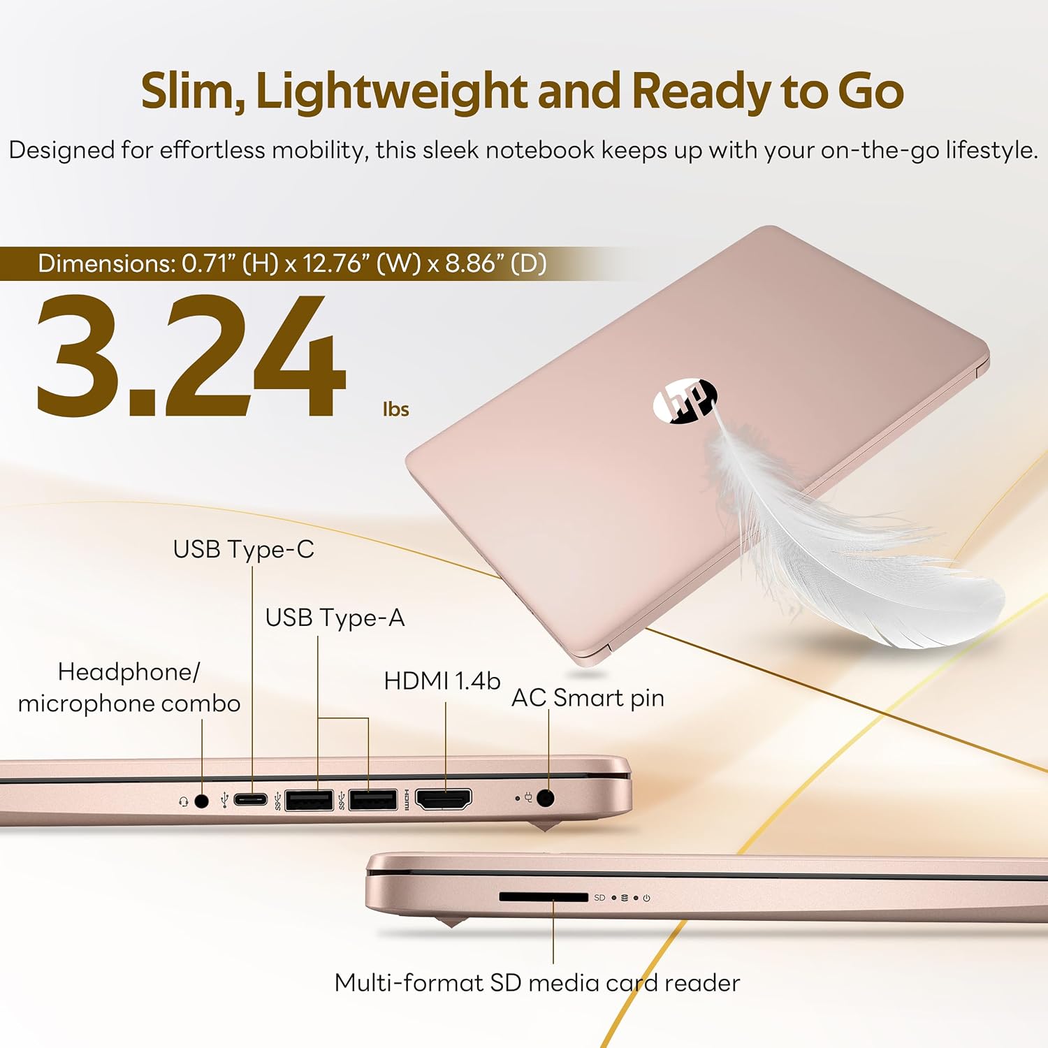 HP Flagship 14' HD Student&Business Laptop with AI Copilot, 13th Gen Intel 4-Core, 16GB RAM, 256GB Storage (128GB UFS + 128GB Docking Station), 1 Year Office 365, 720p Webcam, Win 11, Pale Rose Gold