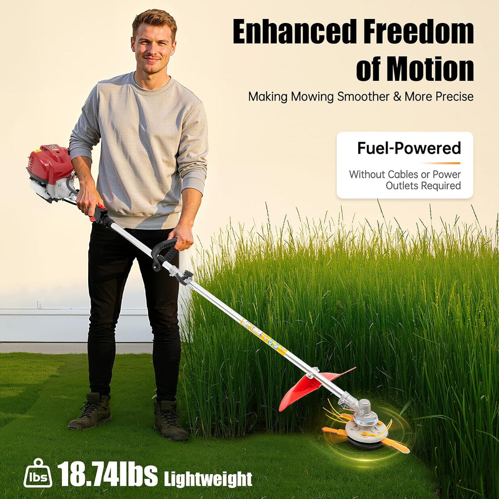 Gas Weed Wacker, 35.88CC 750W 4-Stroke Gasoline Weed Eater 8500RPM High Speed Lawn Mower with 2 Blade Heads, Portable Single-Cylinder Brush Cutter Grass Trimmer Tool for Home Garden Lawn Mowing