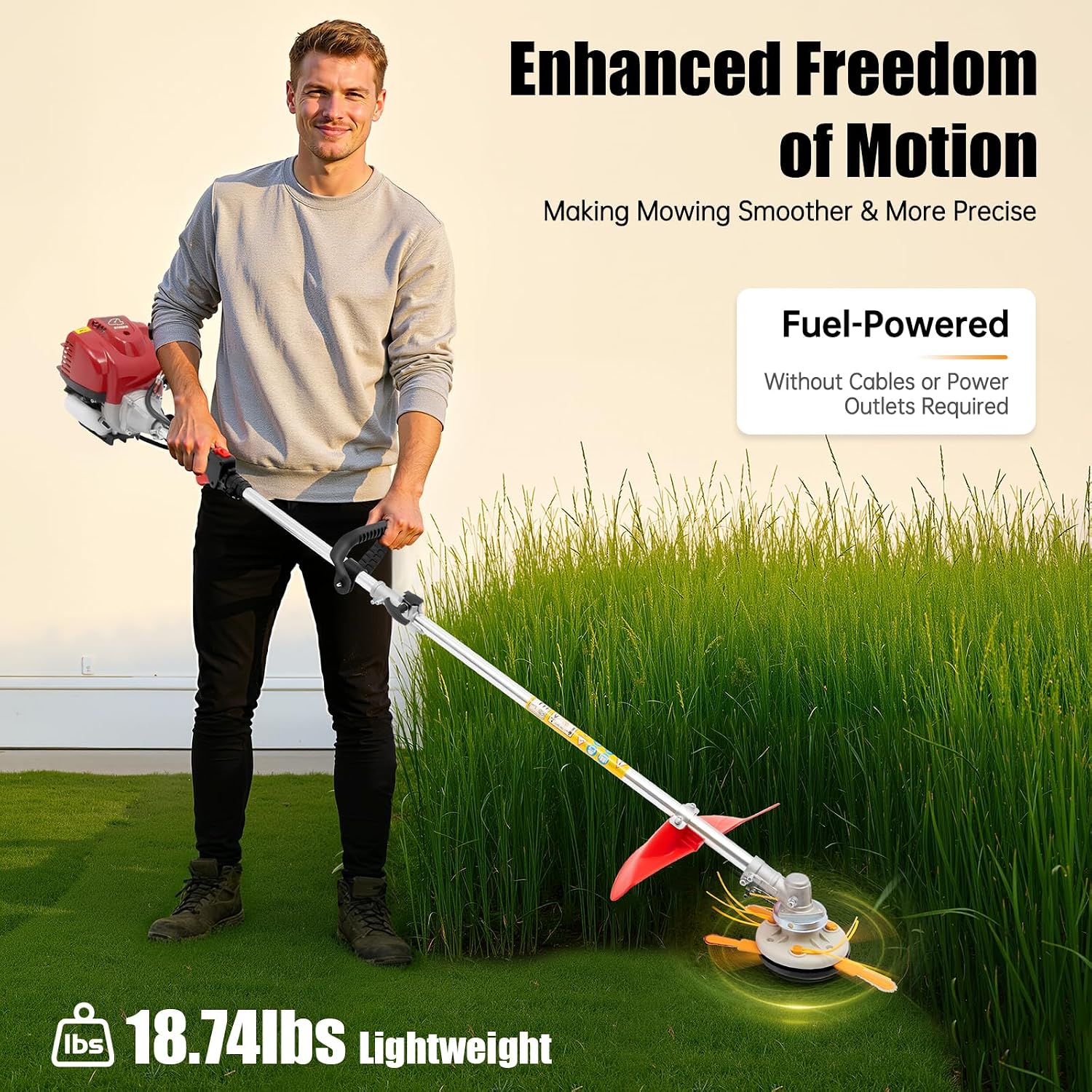 Gas Weed Wacker, 35.88CC 750W 4-Stroke Gasoline Weed Eater 8500RPM High Speed Lawn Mower with 2 Blade Heads, Portable Single-Cylinder Brush Cutter Grass Trimmer Tool for Home Garden Lawn Mowing