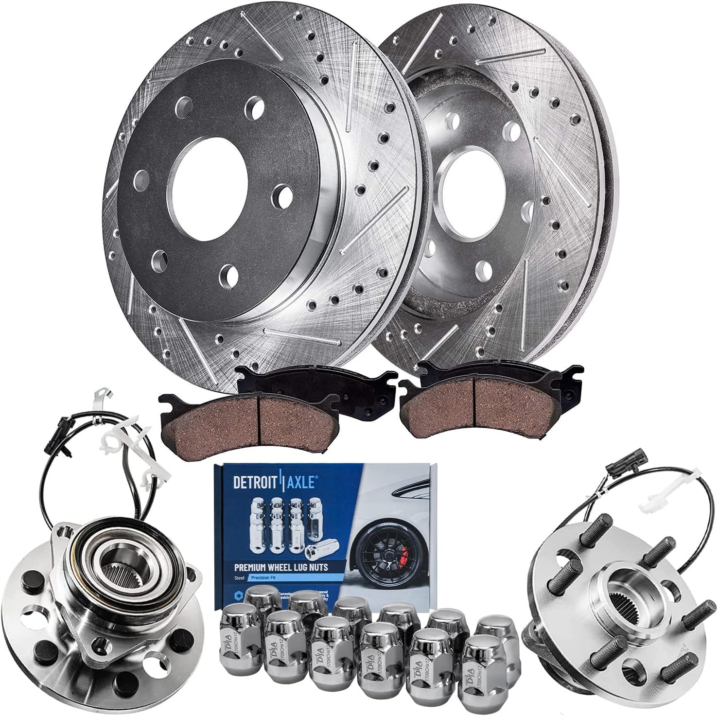 Detroit Axle - Front Brake Kit for K1500 K2500 Escalade Yukon Tahoe Drilled and Slotted Brake Rotors Ceramic Brakes Pads Wheel Bearing Hubs Replacement: 11.62' inch Front Rotors