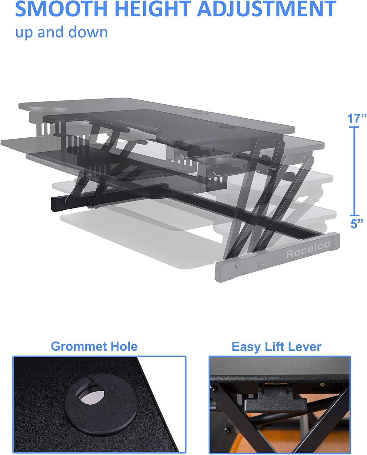 Rocelco 40' Large Height Adjustable Standing Desk Converter with Dual Monitor Mount BUNDLE - Quick Sit Stand Up Computer Workstation Riser - Retractable Keyboard Tray - Black (R DADRB-40-DM2)