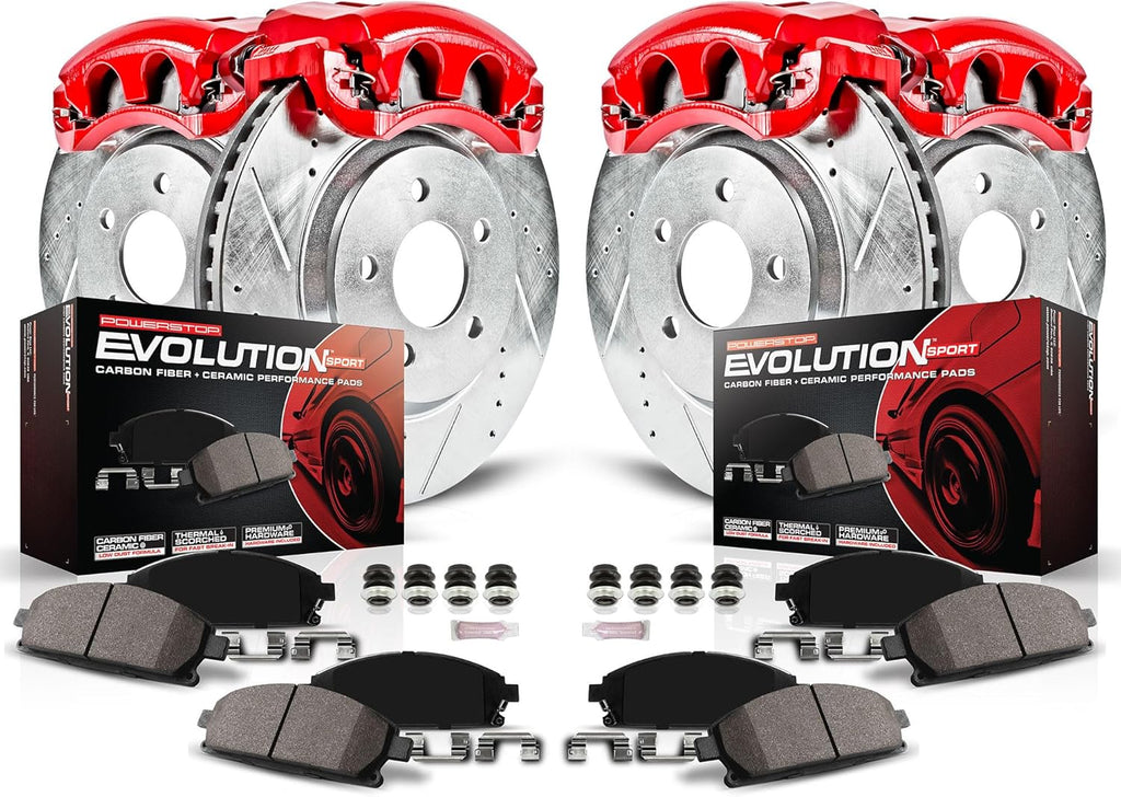 PowerStop Front and Rear Brake & Caliper Kit for Subaru Forester 1998-02 | Subaru Impreza 1998-01 - Carbon-Fiber Ceramic Brake Pads + Drilled & Slotted Rotors + Red Powder Coated Calipers, KC1122