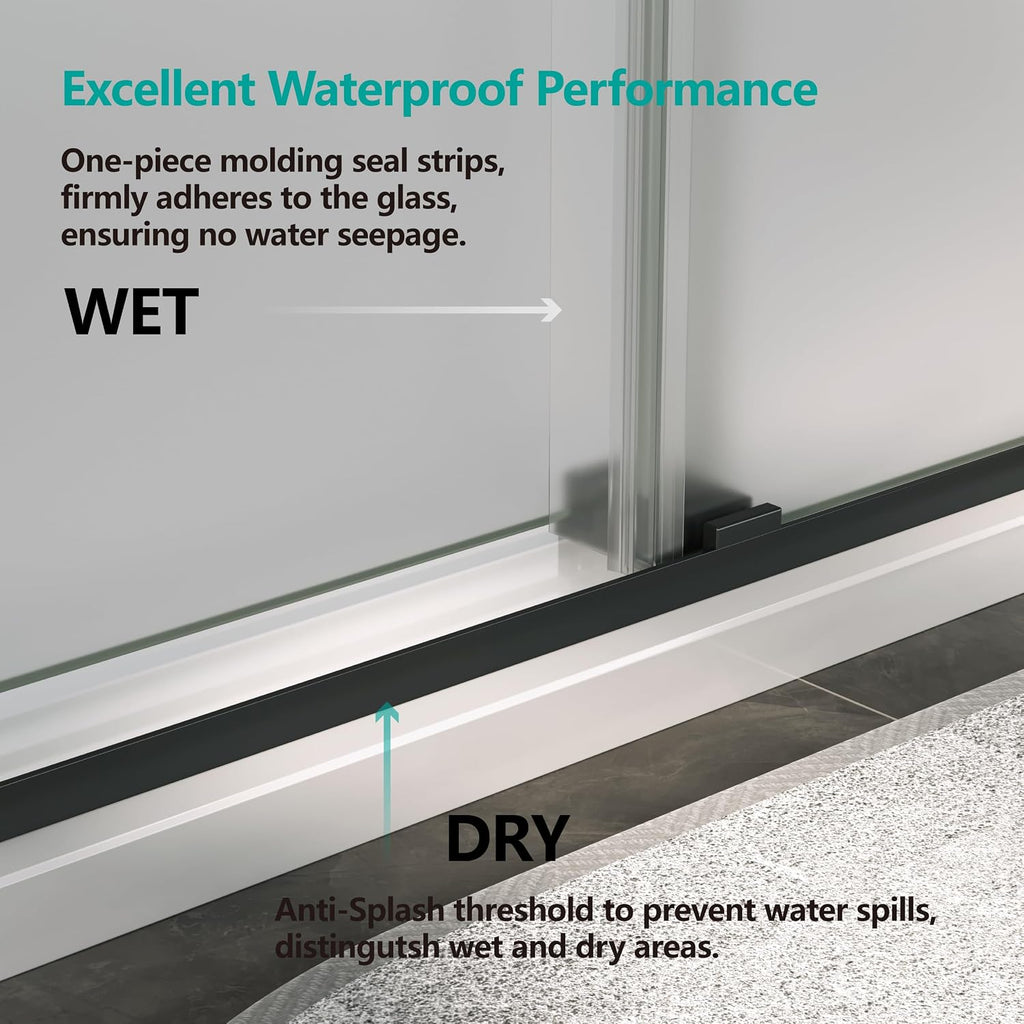 56-60' W x 76' Ultra-Clear Single Sided Frosted Shower Doors Double Sliding Frameless 3/8'(10mm) Temperedd Glass with Towel Bar Handle (Matte Black)