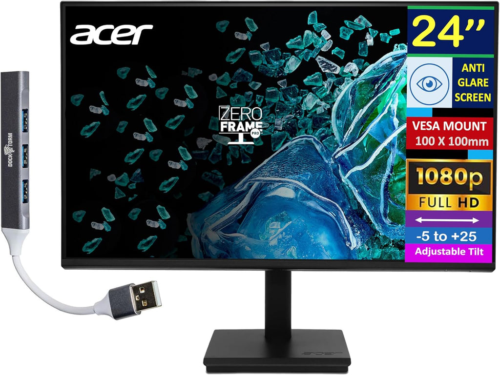 acer 24' FHD IPS Monitor with 4ms Response Time, Anti Glare, VESA Mount (100 x 100mm), HDMI, VGA & Dockztorm USB Port Expander, Black Color