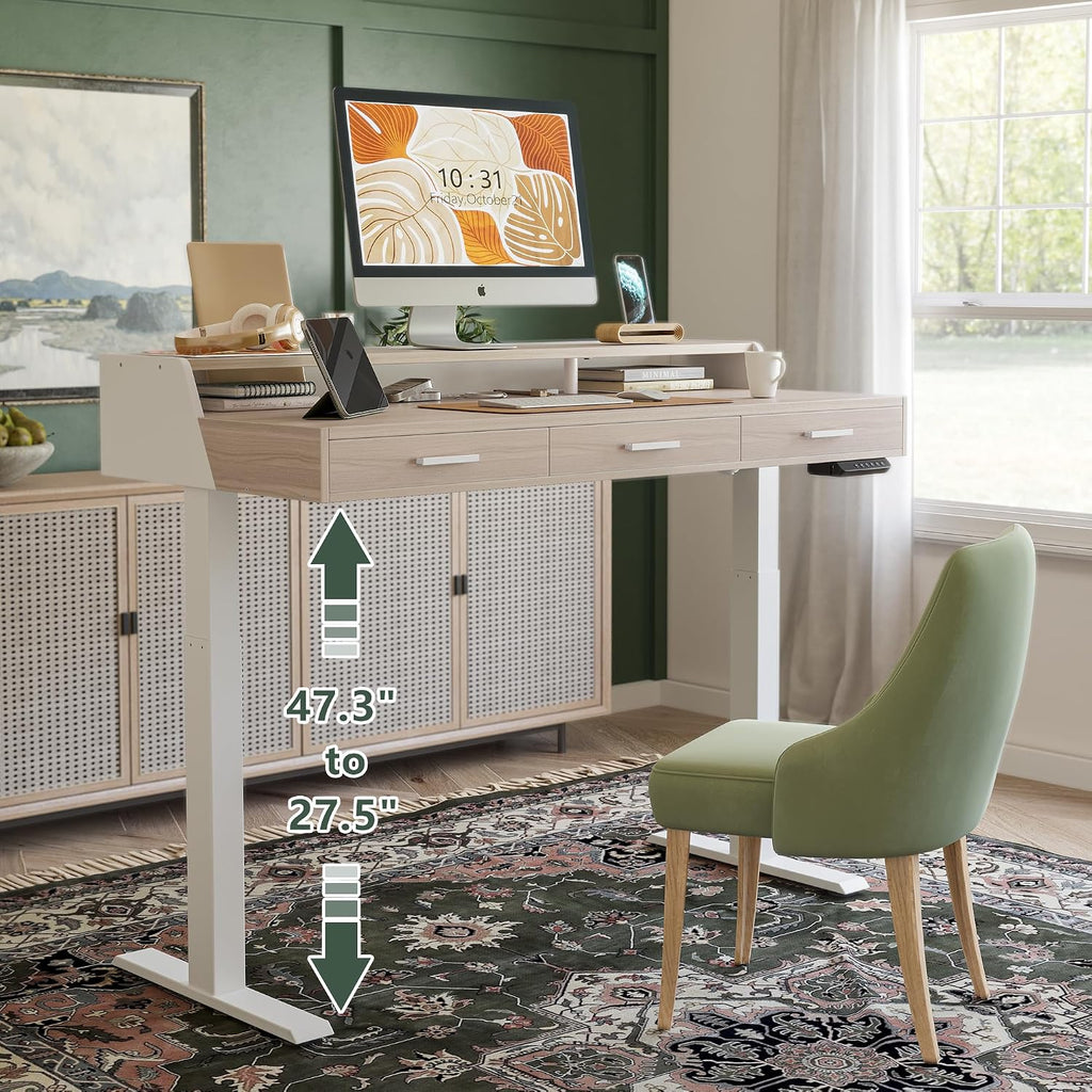 FEZIBO Electric Standing Desk 55x26 Inches with 3 Wood Drawers and Monitor Shelf, Height Adjustable Computer Desk, Ergonomic Rising Home Office Desks, Sit Stand Up Workstation Table, Light Walnut