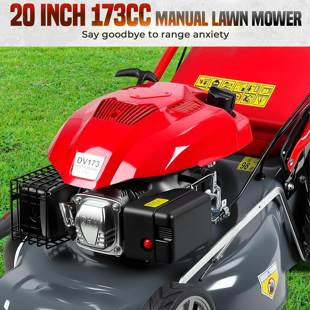 20 Inch Foldable Self-Propelled Gas Lawn Mower | 3 in 1 Functions (Bagging, Mulching and Side Discharge) | 173CC Gas Power Engine | 60L Grass Tank | for Yard Patio Lawn Landscaping Red