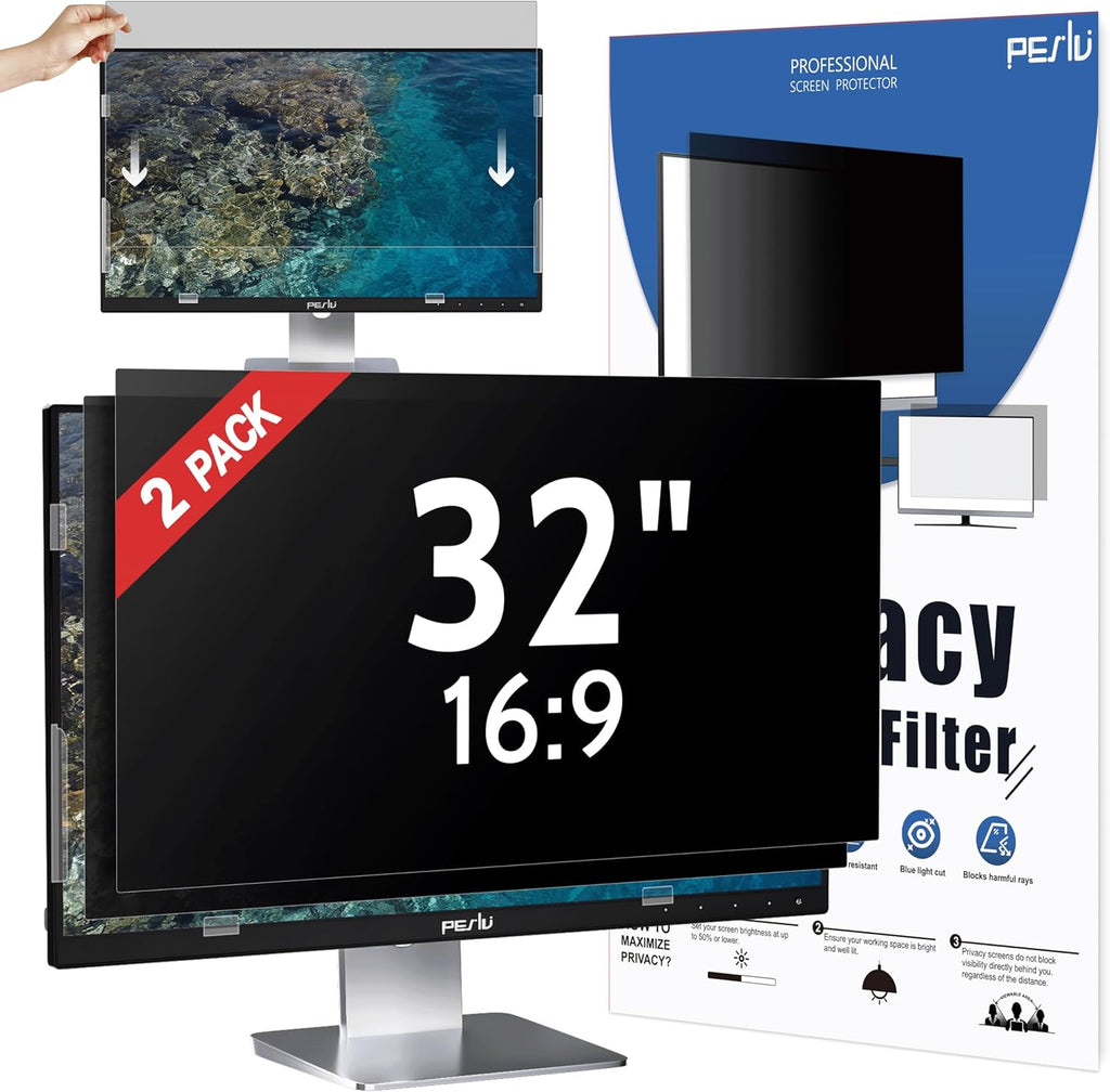 Peslv [2 Pack] 32 Inch Privacy Screen for Computer Monitor 16:9 Aspect Ratio, Eye Protection Anti Blue Light Glare Shield, 32inch Removable Black Blackout Anti Spy Desktop Security Private Filter