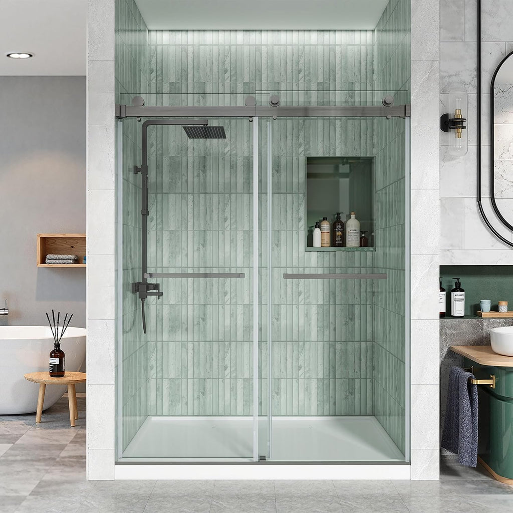 DEBOX Frameless Double Sliding Shower Door, 50-55' W x 76' H, 3/8' (10mm) SGCC Clear Tempered Glass, Adjustable Width, Square Rail, Double Towel Bars, Gunmetal