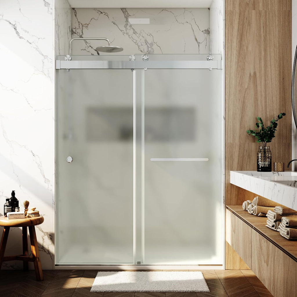 3/8'(10mm) 56-60' W x 76' H Shower Doors Frosted Glass Soft Closing Double Sliding Frameless Hidden Pull Handle and Towel Bar Handle Stainless Steel Hardware (Brushed Nickel)