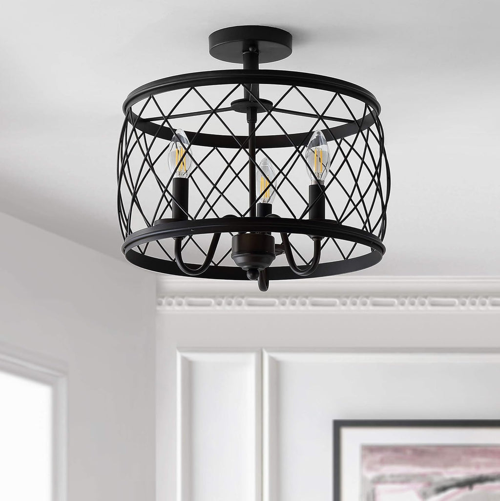 JONATHAN Y 15' Oil Rubbed Bronze LED Semi Flush Mount Ceiling Light, 3-Light Modern Industrial Drum Fixture for Bedroom Living Room Hallway, Gold Metal Cage Shade (JYL9037B)