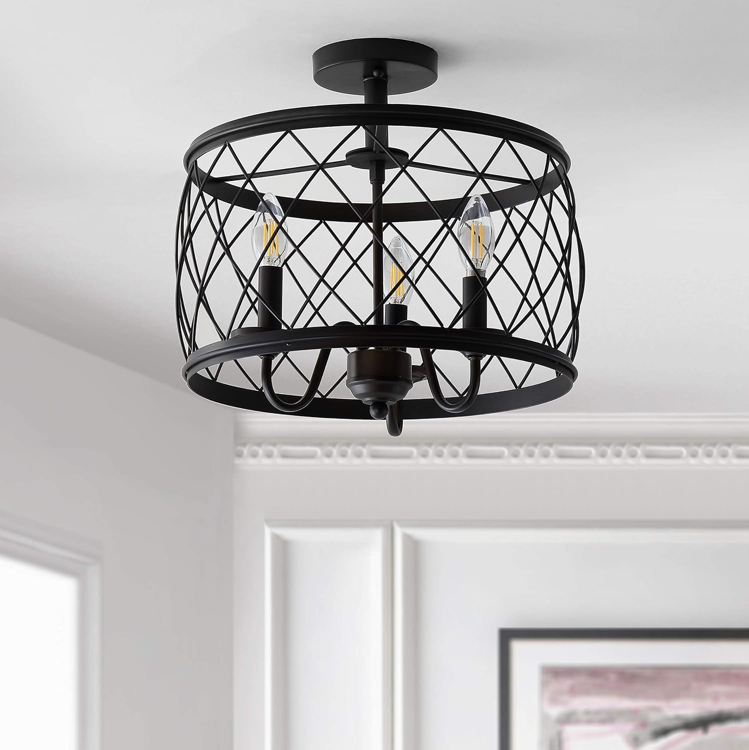 JONATHAN Y 15' Oil Rubbed Bronze LED Semi Flush Mount Ceiling Light, 3-Light Modern Industrial Drum Fixture for Bedroom Living Room Hallway, Gold Metal Cage Shade (JYL9037B)