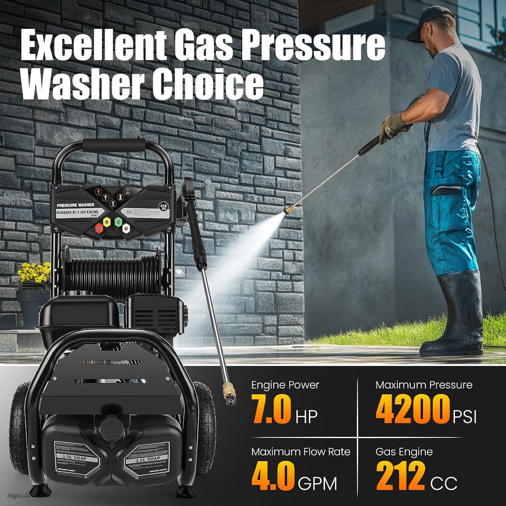 4200PSI Professional Gas Pressure Washer, 4GPM 212CC 7.0 HP 10' Wheels Commercial Gas Power Washer with 3L Foam Bottle 5 Nozzles 32FT Hose for Home Car Fence Driveway (EPA/CARB/ETL Compliant), 77LBS