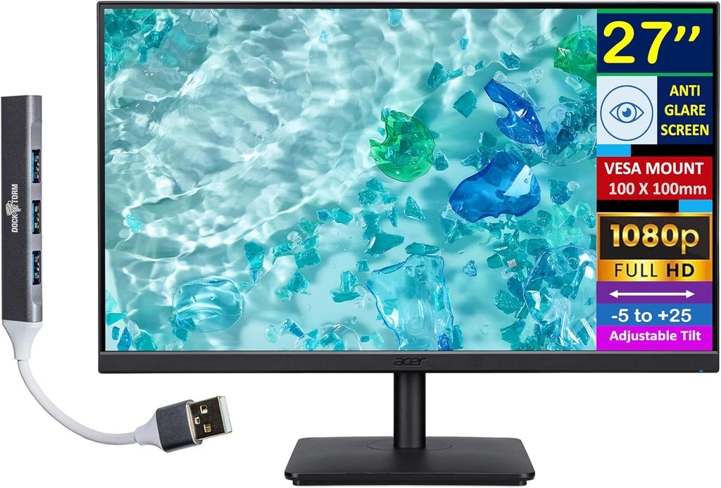 acer 27' FHD IPS Monitor with 4ms Response Time, Anti Glare, VESA Mount (100mm), HDMI, VGA & Dockztorm USB Port Expander, Black Color