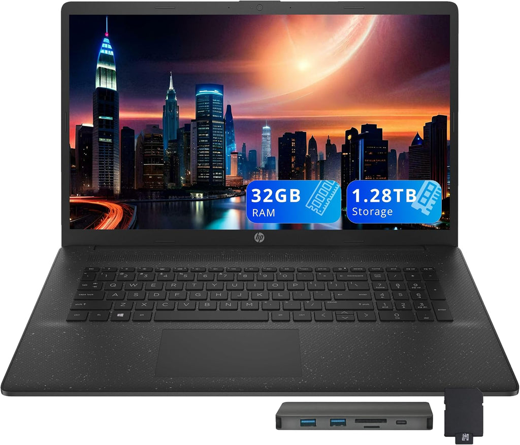 HP 17.3' HD+ Business Laptop, Intel Core i7-1255U, 32GB RAM, 1.28TB Storage (1TB SSD+288GB Docking Station Set), ‎Iris Xe Graphics, Full Size Keyboard, 720p HD Camera, Wi-Fi, Win 11 Home, Black