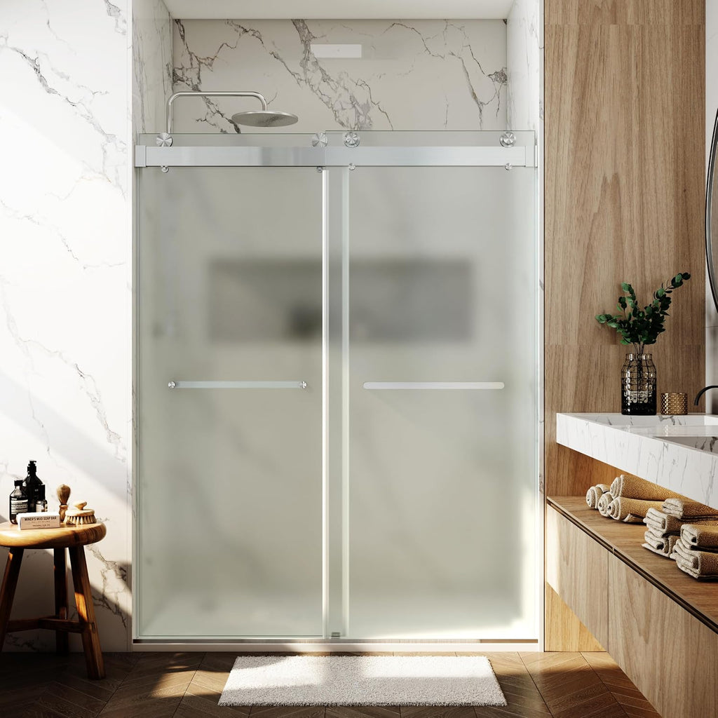 Shower Doors Soft Close 56-60' W x 76' H Ultra-Clear Single Sided Frosted Double Sliding Frameless 3/8'(10mm) Temperedd Glass with Towel Bar Handle (Brushed Nickel)