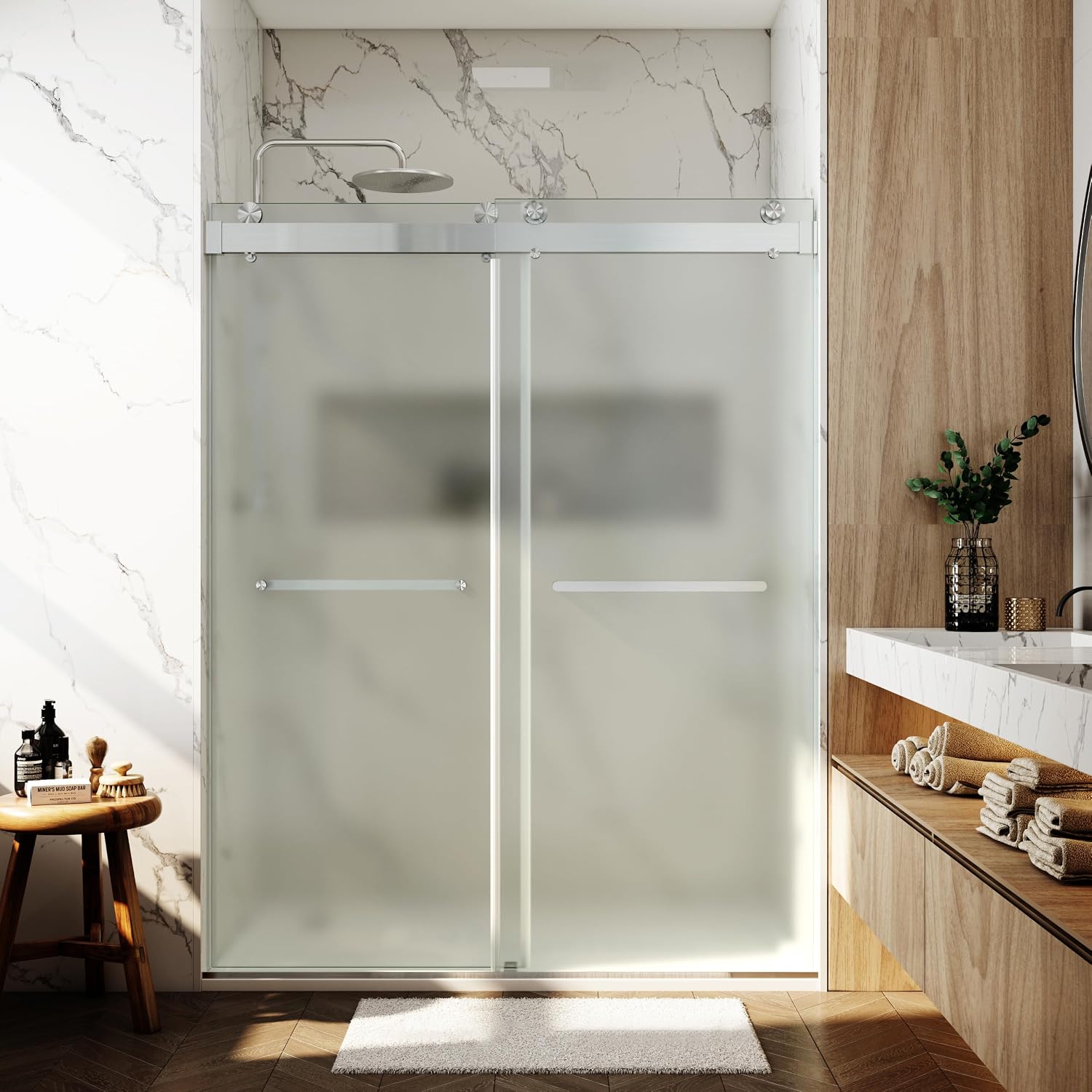 Shower Doors Soft Close 56-60' W x 76' H Ultra-Clear Single Sided Frosted Double Sliding Frameless 3/8'(10mm) Temperedd Glass with Towel Bar Handle (Brushed Nickel)
