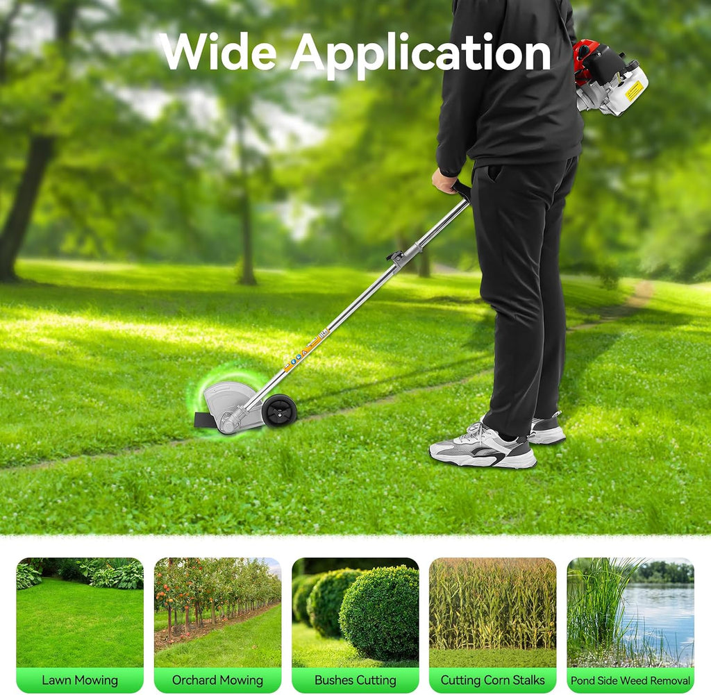 Gas Weed Wacker, 1250W 43CC 2-Stroke Weed Eater 8500RPM High Speed Lawn Edger with Two Blade Heads, Cordless Portable Single-Cylinder Grass Trimmer Tools for Home Garden Lawn Mowing